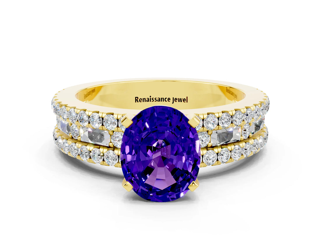 Yellow gold Oval Cut Tanzanite Solitaire Ring with Pavé and Channel Set Band