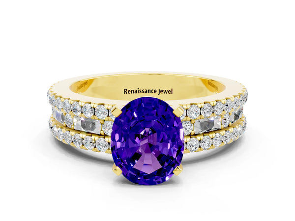 Yellow gold Oval Cut Tanzanite Solitaire Ring with Pavé and Channel Set Band