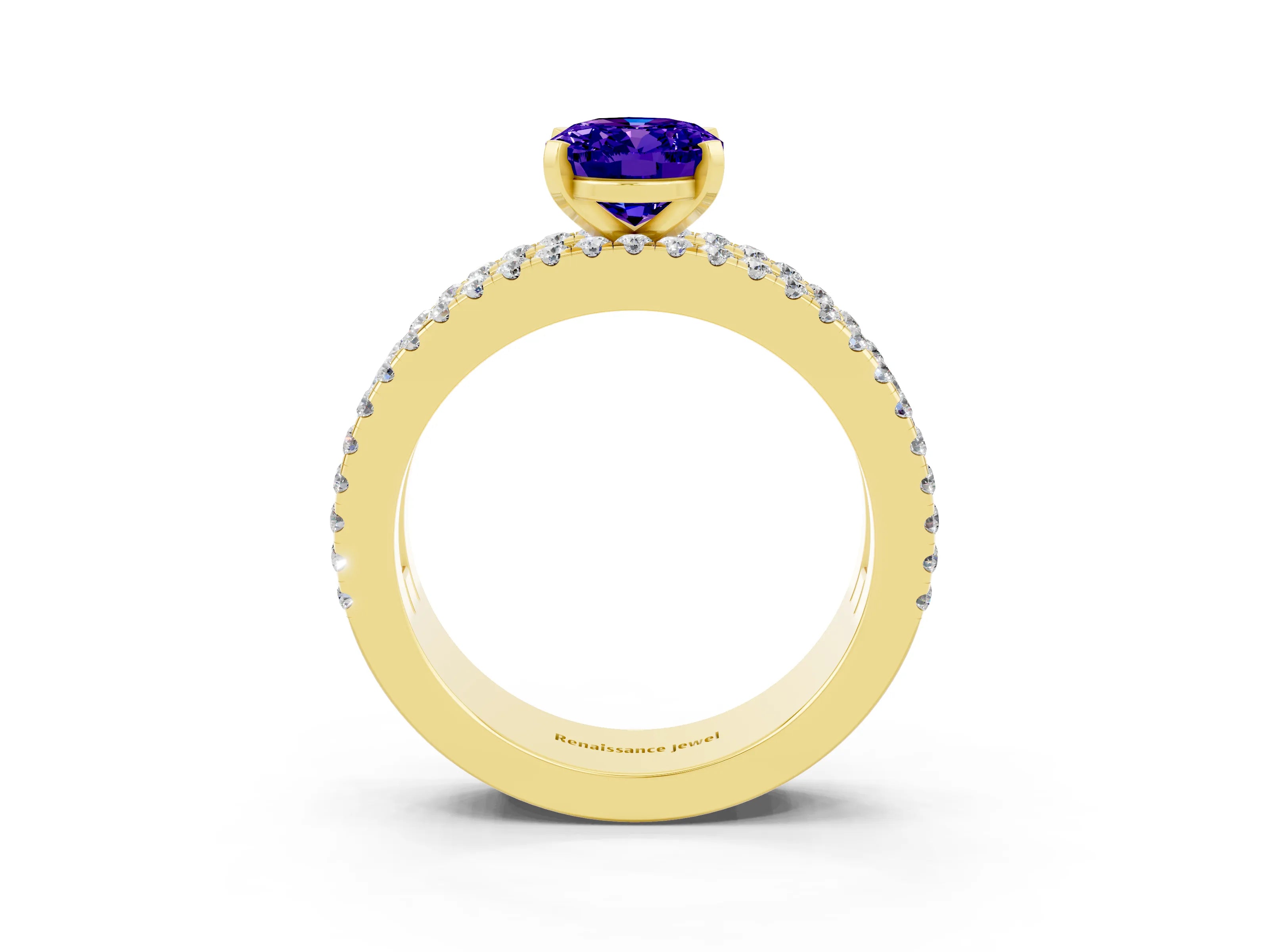 Yellow gold Oval Cut Tanzanite Solitaire Ring with Pavé and Channel Set Band_3