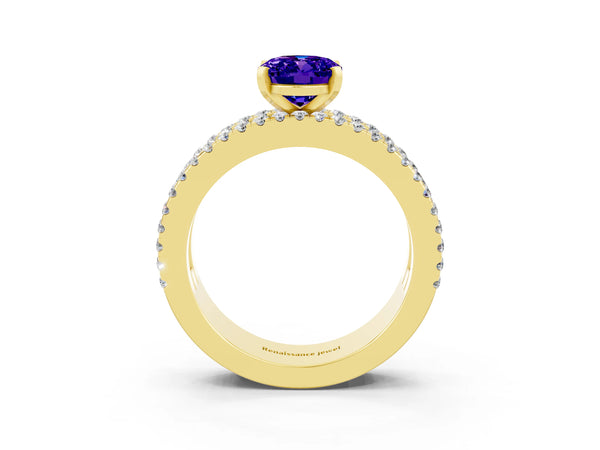 Yellow gold Oval Cut Tanzanite Solitaire Ring with Pavé and Channel Set Band