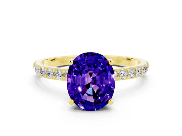Yellow gold Oval Cut Tanzanite Solitaire Ring with Round  Pavé Band and Prong Setting