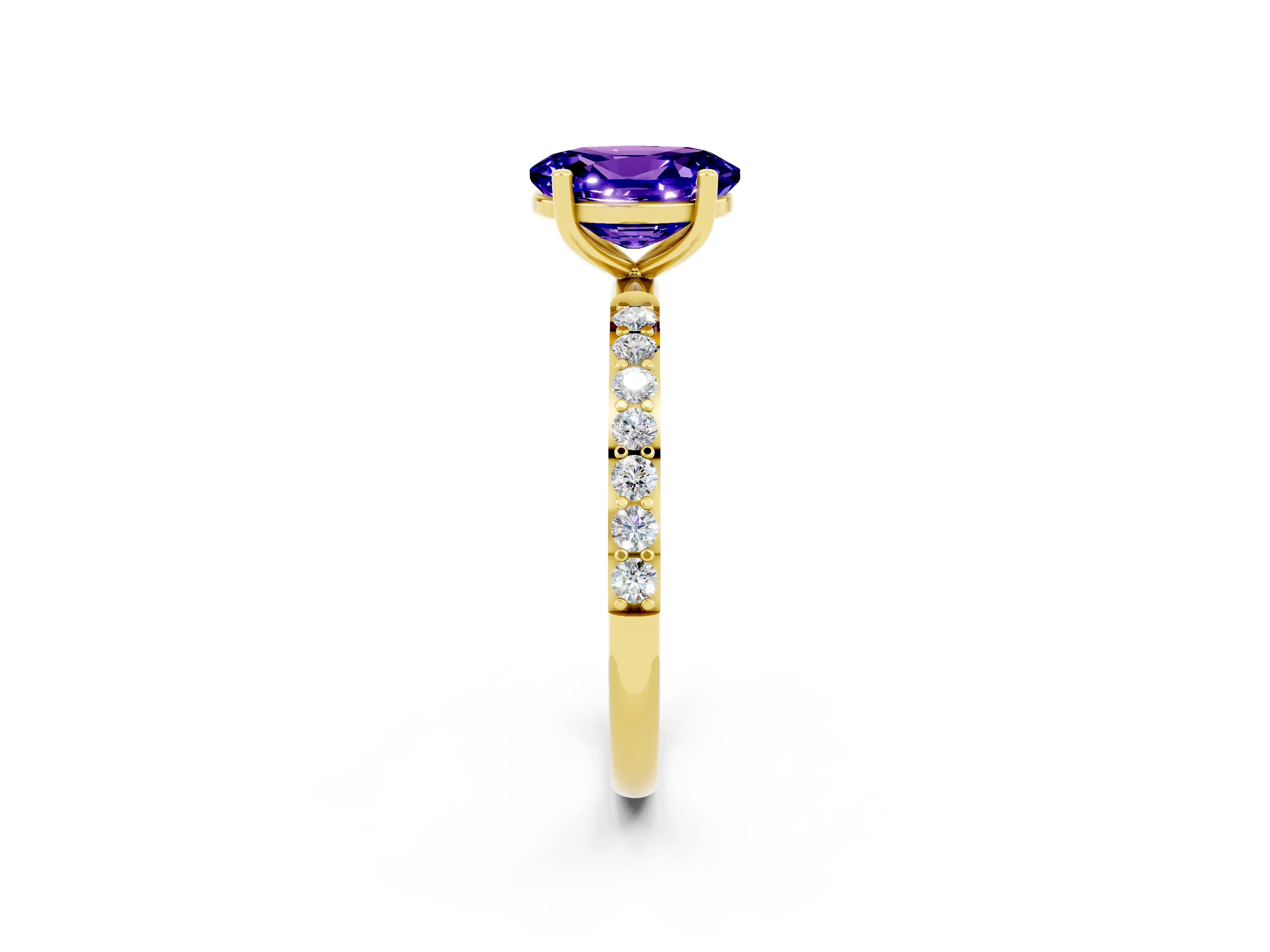 Yellow gold Oval Cut Tanzanite Solitaire Ring with Pave Band and Four Prong Setting_26