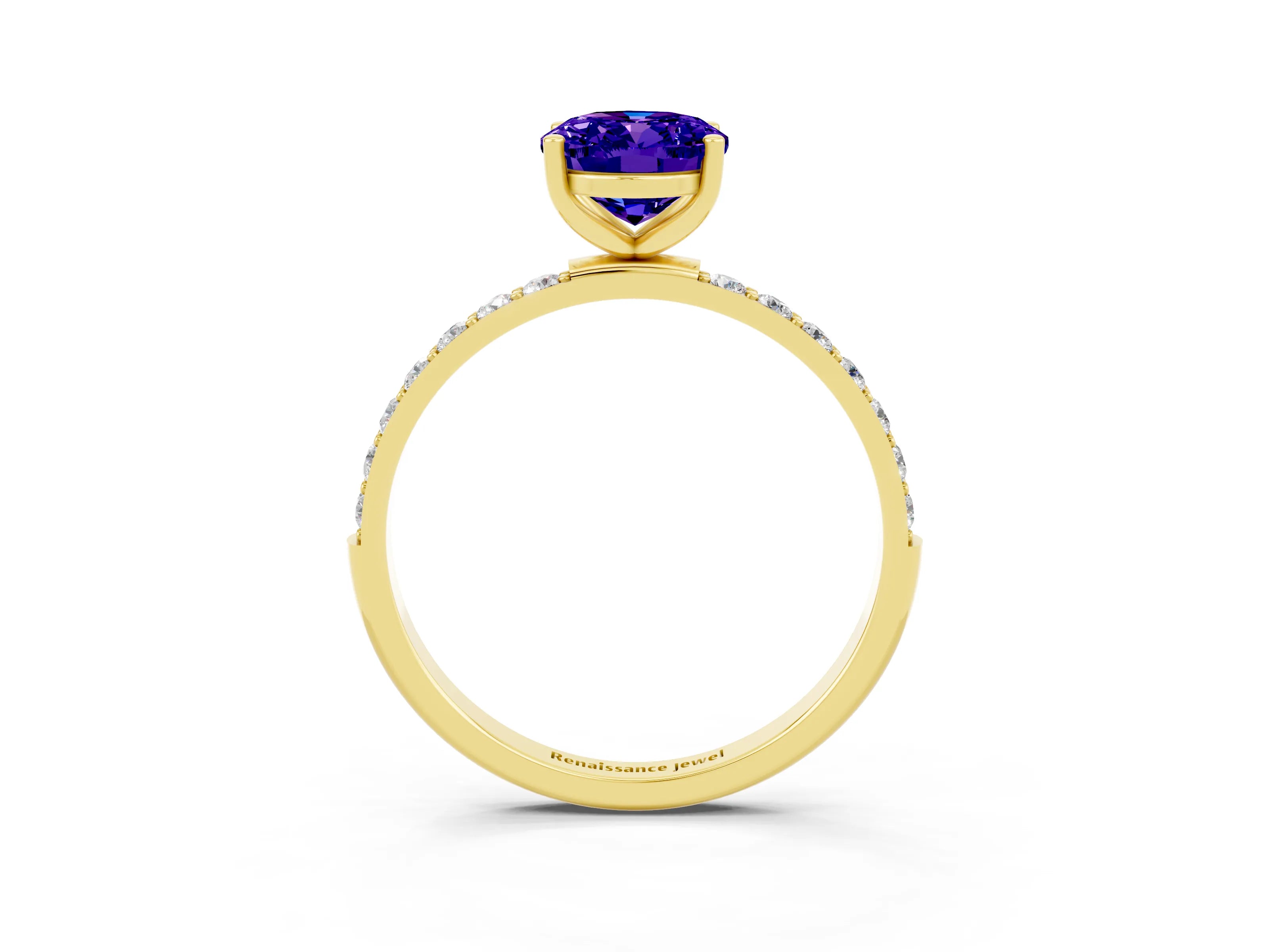 Yellow gold Oval Cut Tanzanite Solitaire Ring with Pave Band and Four Prong Setting_27