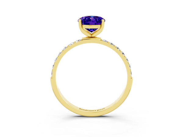 Yellow gold Oval Cut Tanzanite Solitaire Ring with Round  Pavé Band and Prong Setting