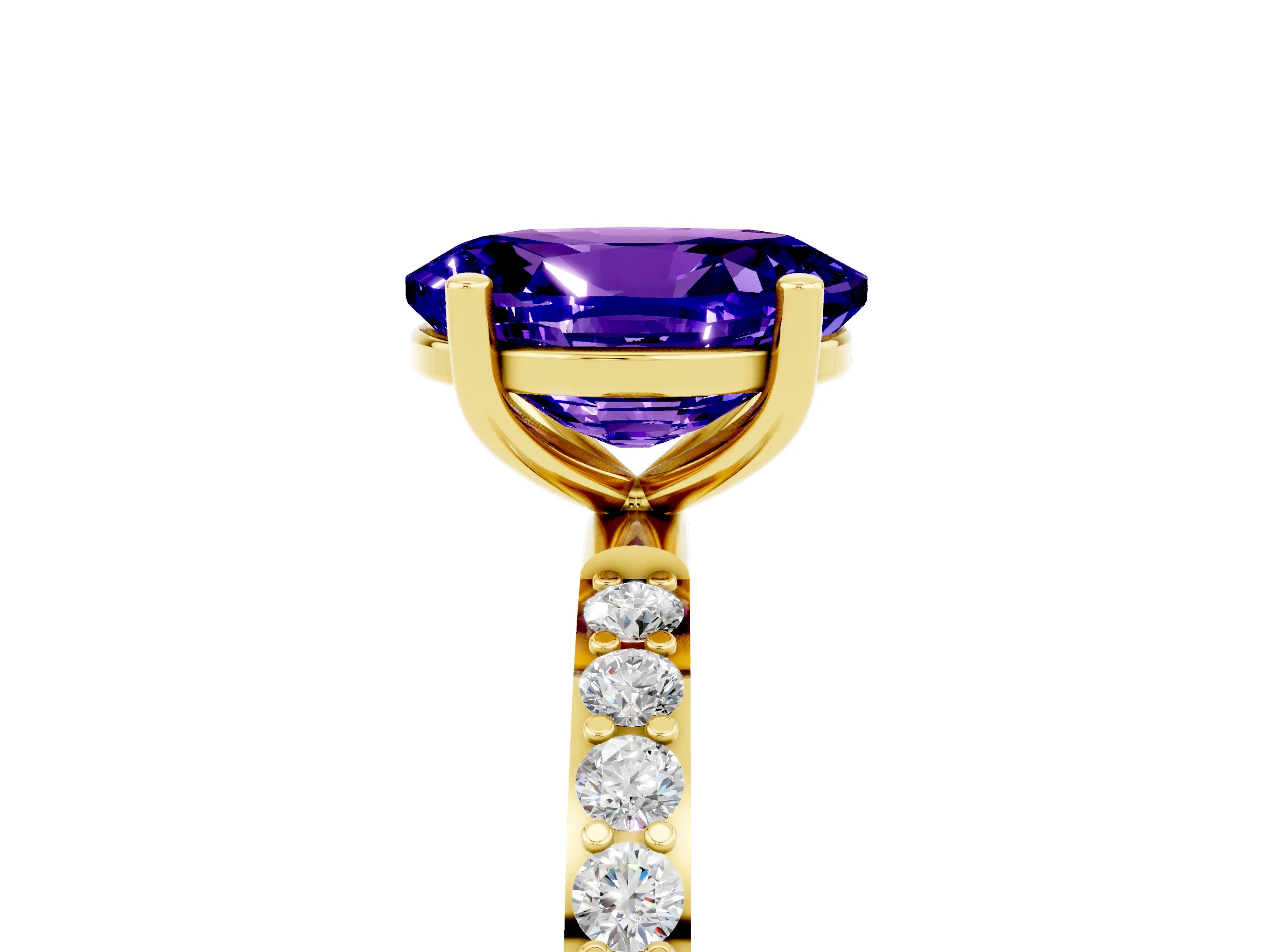 Yellow gold Oval Cut Tanzanite Solitaire Ring with Pave Band and Four Prong Setting_29