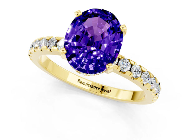 Yellow gold Oval Cut Tanzanite Solitaire Ring with Round  Pavé Band and Four-Prong Setting