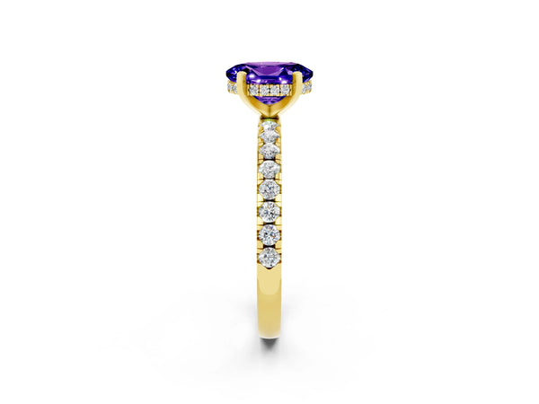 Yellow gold Oval Cut Tanzanite Solitaire Ring with Round  Pavé Band and Four-Prong Setting