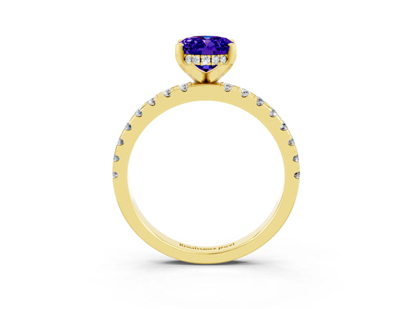 Yellow gold Oval Cut Tanzanite Solitaire Ring with Round  Pavé Band and Four-Prong Setting