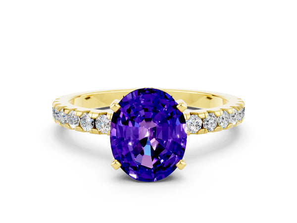 Yellow gold Oval Cut Tanzanite Solitaire Ring with Round Pavé Band and Four-Prong Setting