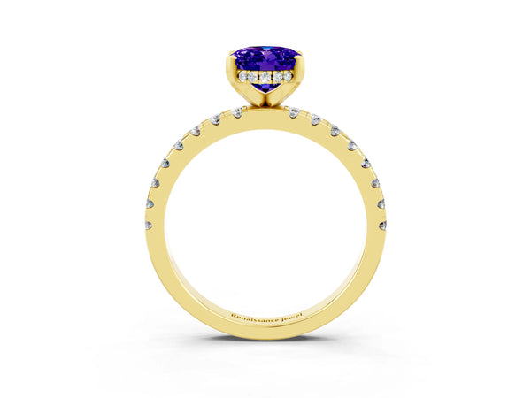 Yellow gold Oval Cut Tanzanite Solitaire Ring with Round Pavé Band and Four-Prong Setting