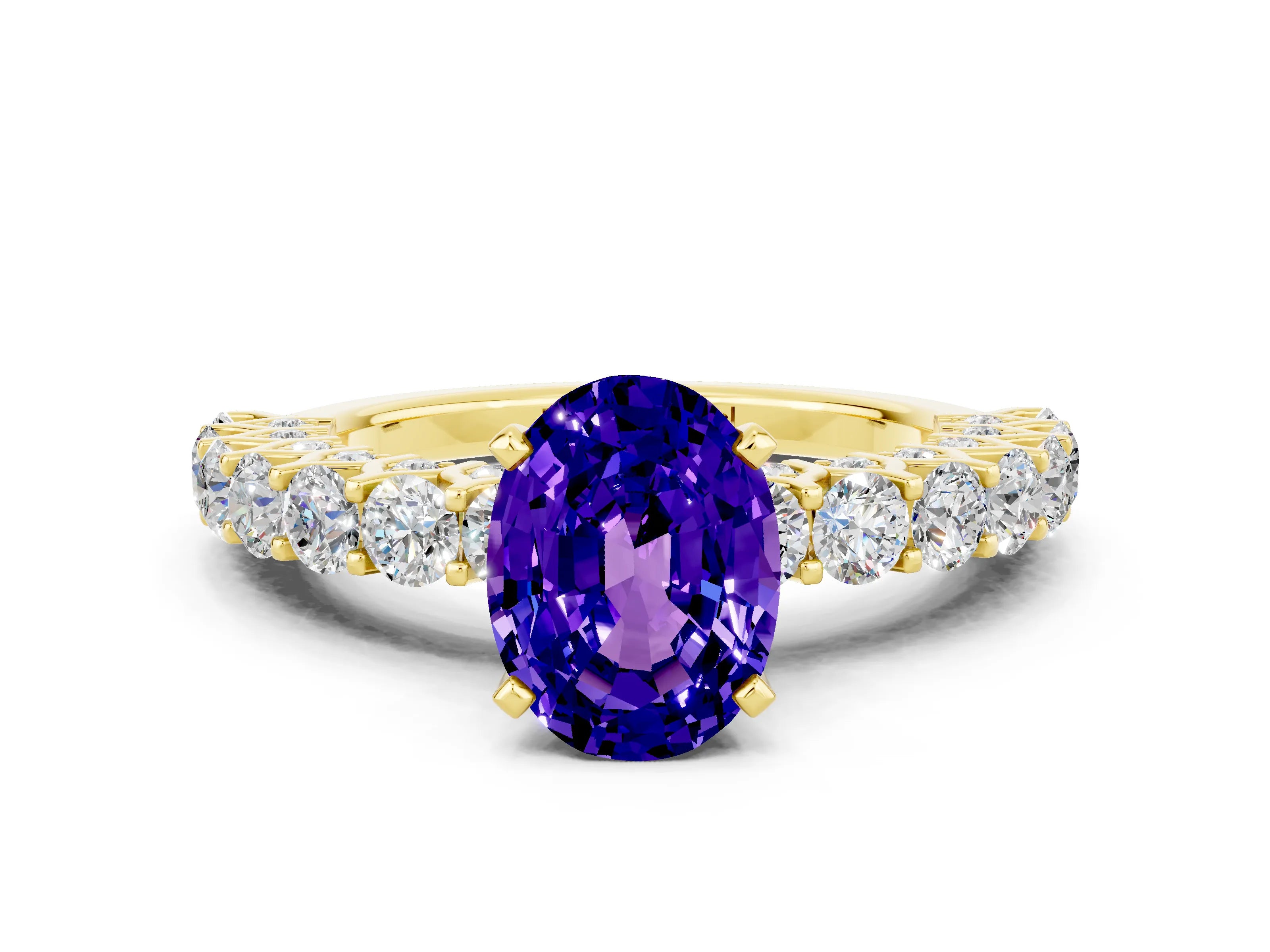 Yellow gold Oval Cut Tanzanite Solitaire Ring with Shared Prong Pavé Band and Four-Prong Setting