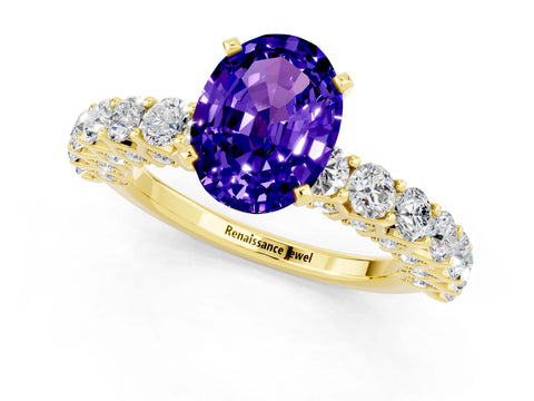 Yellow gold Oval Cut Tanzanite Solitaire Ring with Shared Prong Pavé Band and Four-Prong Setting_1