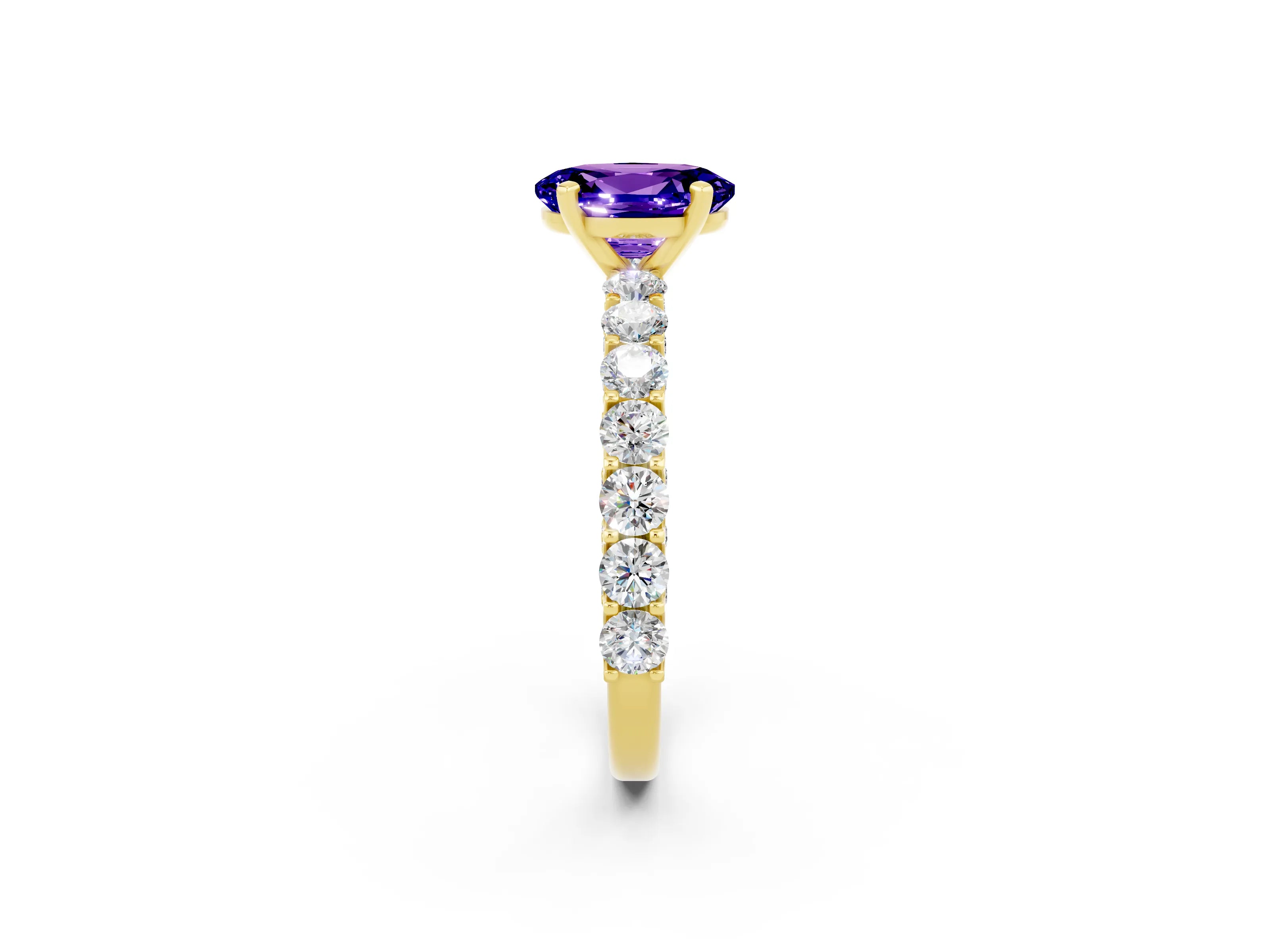 Yellow gold Oval Cut Tanzanite Solitaire Ring with Shared Prong Pavé Band and Four-Prong Setting_2