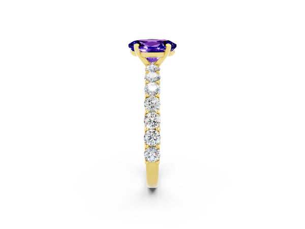 Yellow gold Oval Cut Tanzanite Solitaire Ring with Shared Prong Pavé Band and Four-Prong Setting