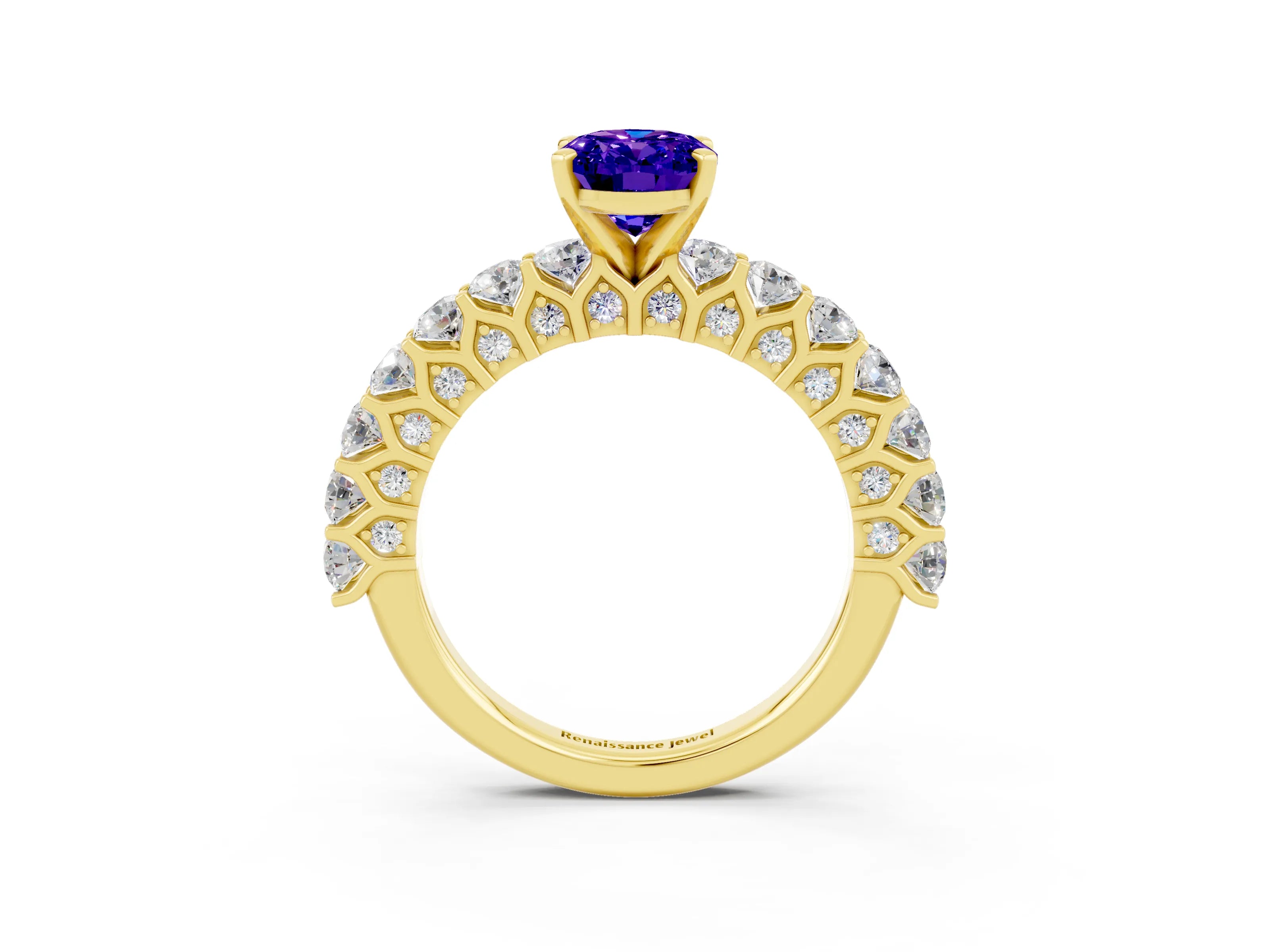 Yellow gold Oval Cut Tanzanite Solitaire Ring with Shared Prong Pavé Band and Four-Prong Setting_3