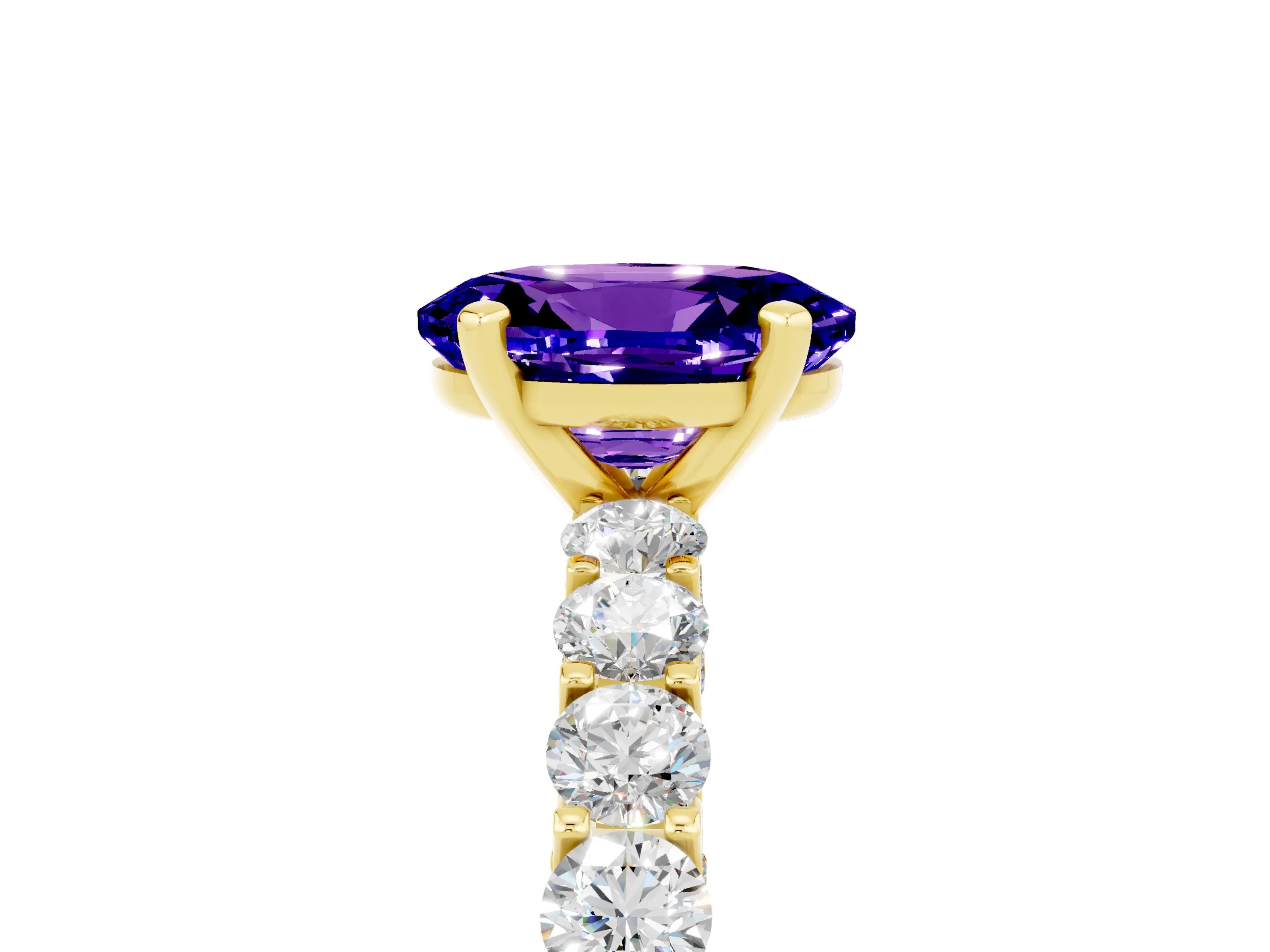 Yellow gold Oval Cut Tanzanite Solitaire Ring with Shared Prong Pavé Band and Four-Prong Setting_5