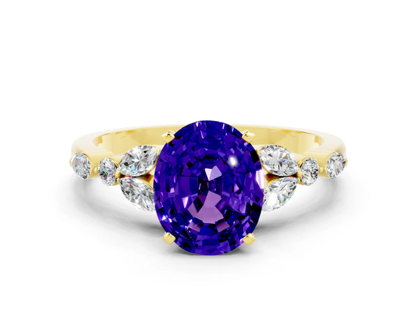 Yellow gold Oval Cut Tanzanite Solitaire Ring with Side Stones and Four-Prong Setting