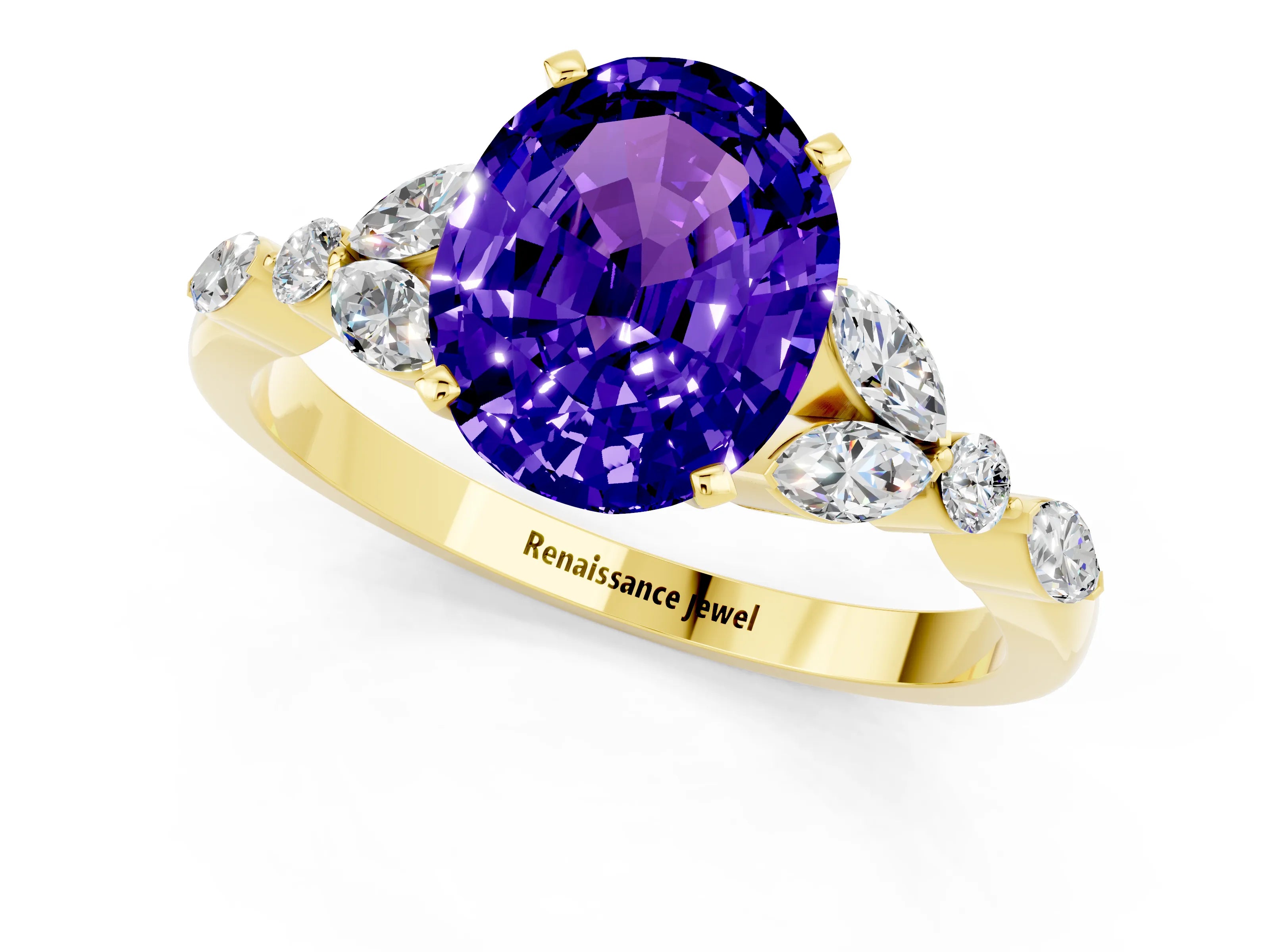 Yellow gold Oval Cut Tanzanite Solitaire Ring with Side Stones and Four-Prong Setting_13