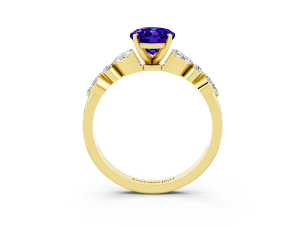 Yellow gold Oval Cut Tanzanite Solitaire Ring with Side Stones and Four-Prong Setting
