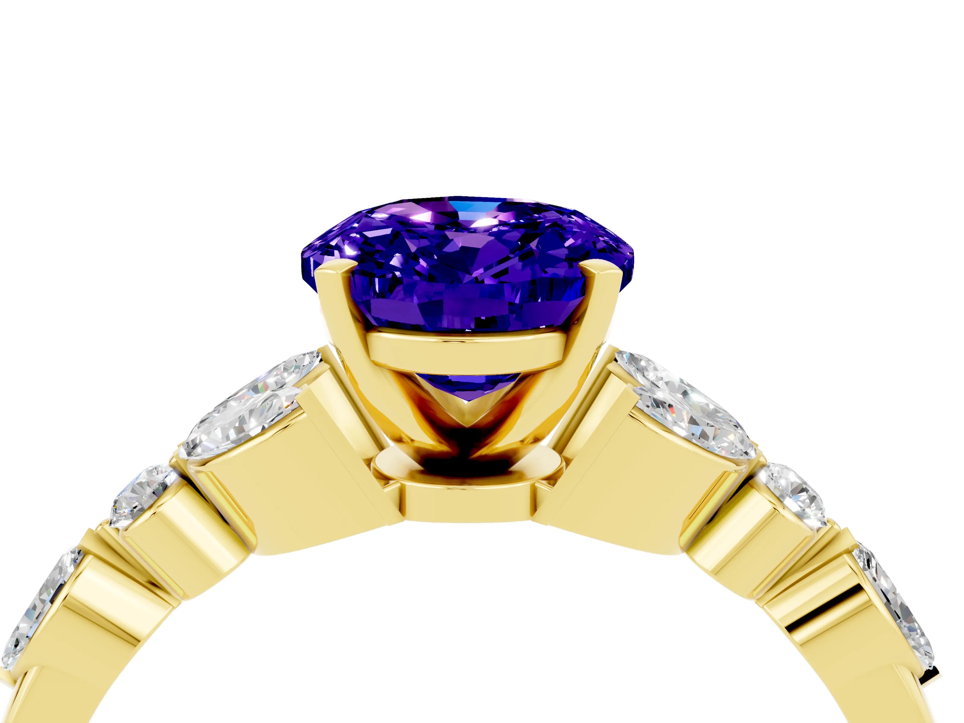 Yellow gold Oval Cut Tanzanite Solitaire Ring with Side Stones and Four-Prong Setting_16