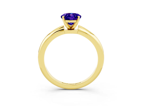 Yellow gold Oval Cut Tanzanite Solitaire Ring with Six-Prong Setting and Classic Band