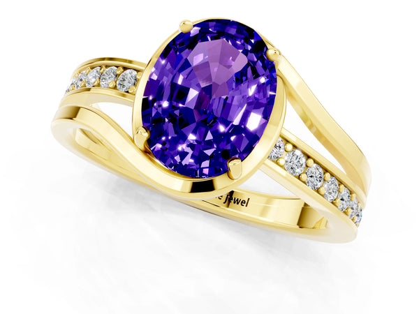 Yellow gold Oval Cut Tanzanite Solitaire Ring with Split Shank and Prong Setting