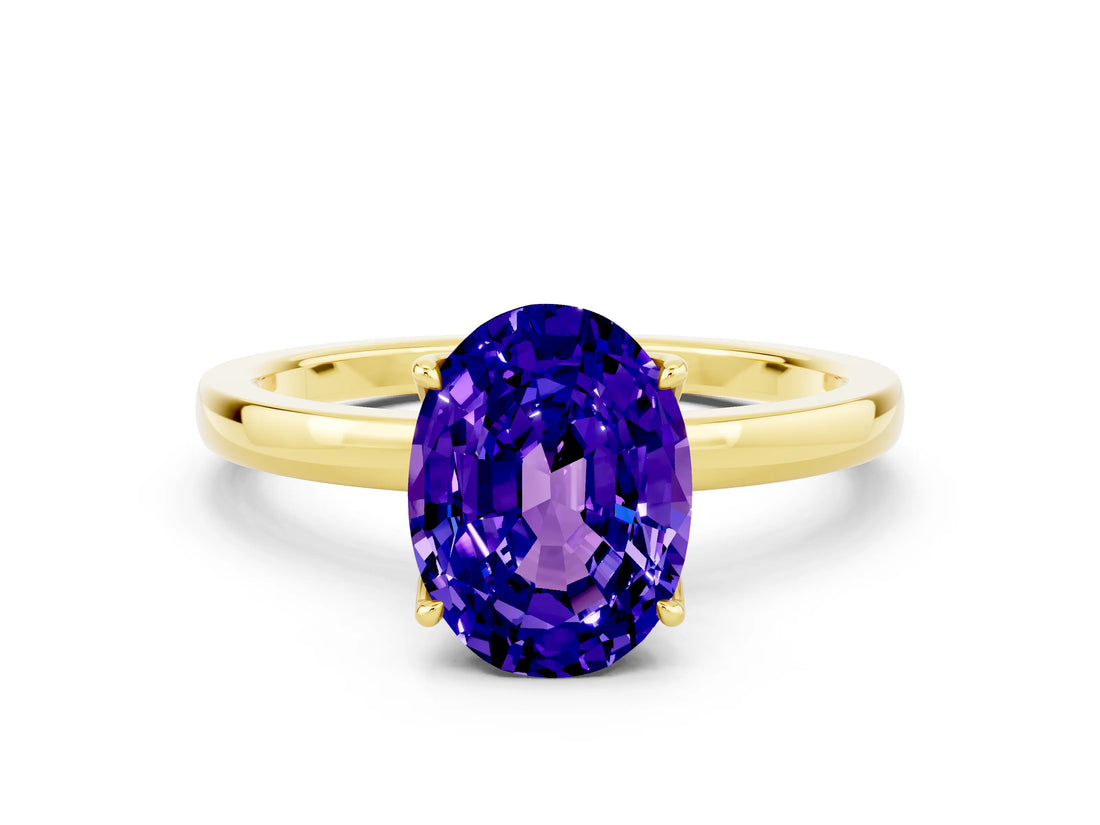Yellow gold Oval Cut Tanzanite Solitaire Ring with Thin Band and Prong Setting_12