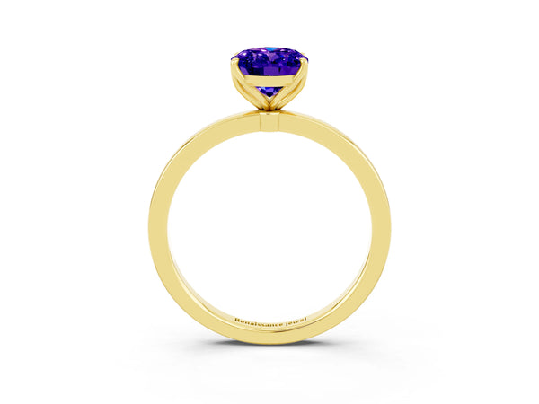 Yellow gold Oval Cut Tanzanite Solitaire Ring with Thin Band and Prong Setting
