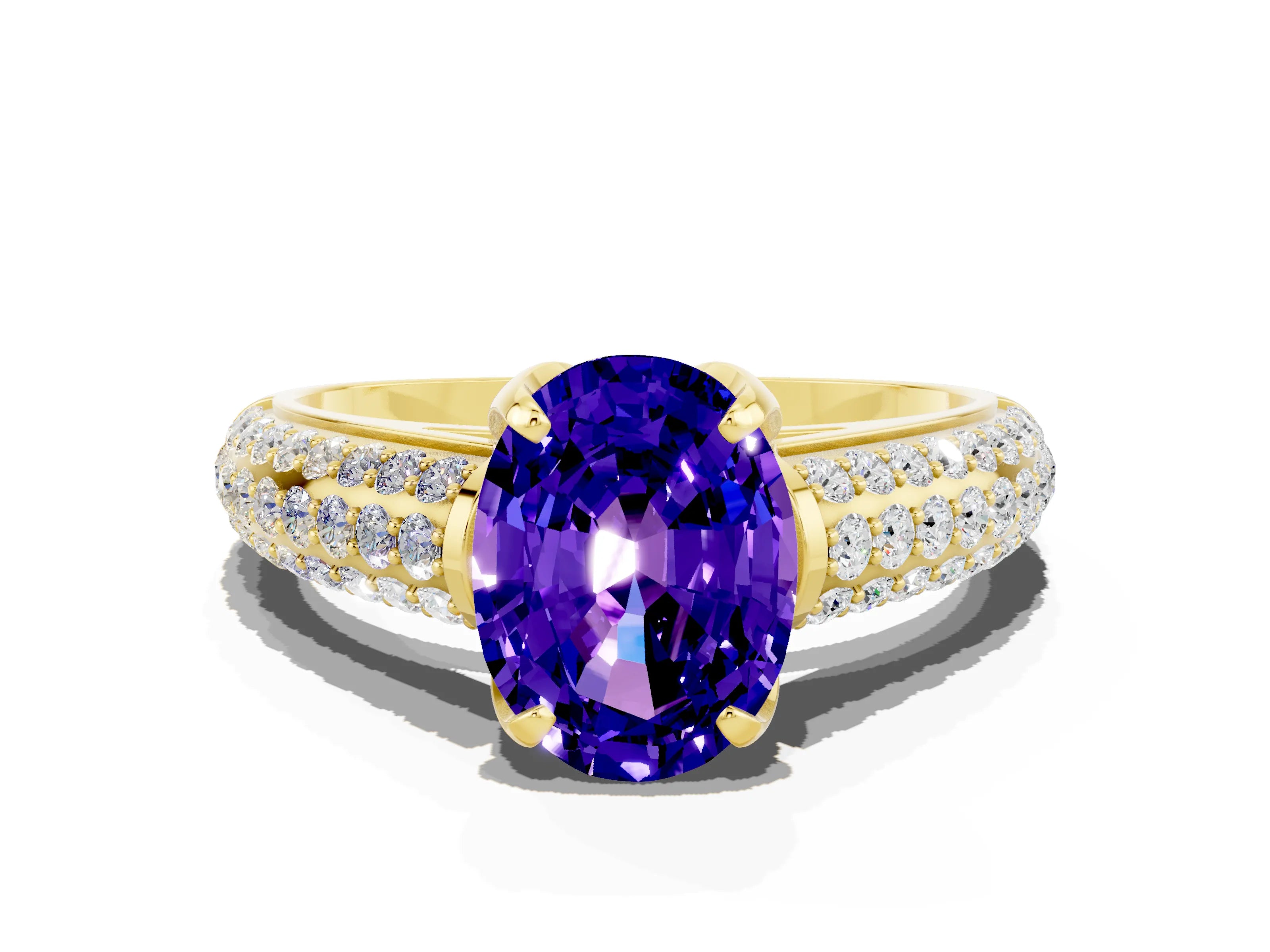 Yellow gold Oval Cut Tanzanite Solitaire Ring with Three-Row Pavé Band and Four-Prong Setting_12