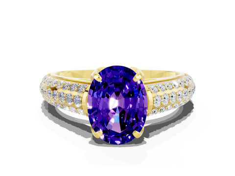 Yellow gold Oval Cut Tanzanite Solitaire Ring with Three-Row Pavé Band and Four-Prong Setting_12