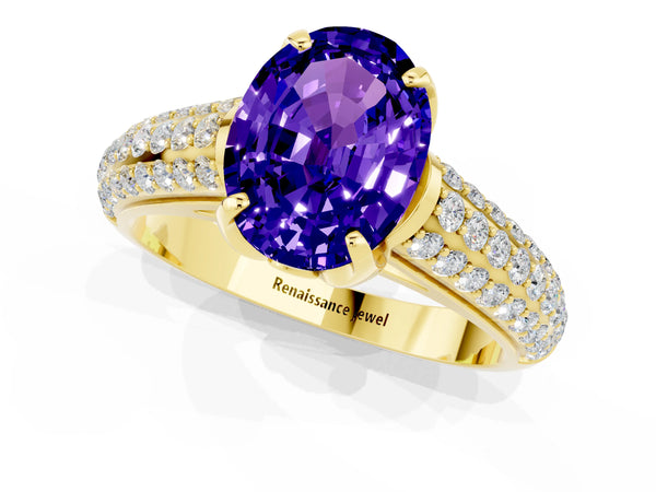 Yellow gold Oval Cut Tanzanite Solitaire Ring with Three-Row Pavé Band and Four-Prong Setting