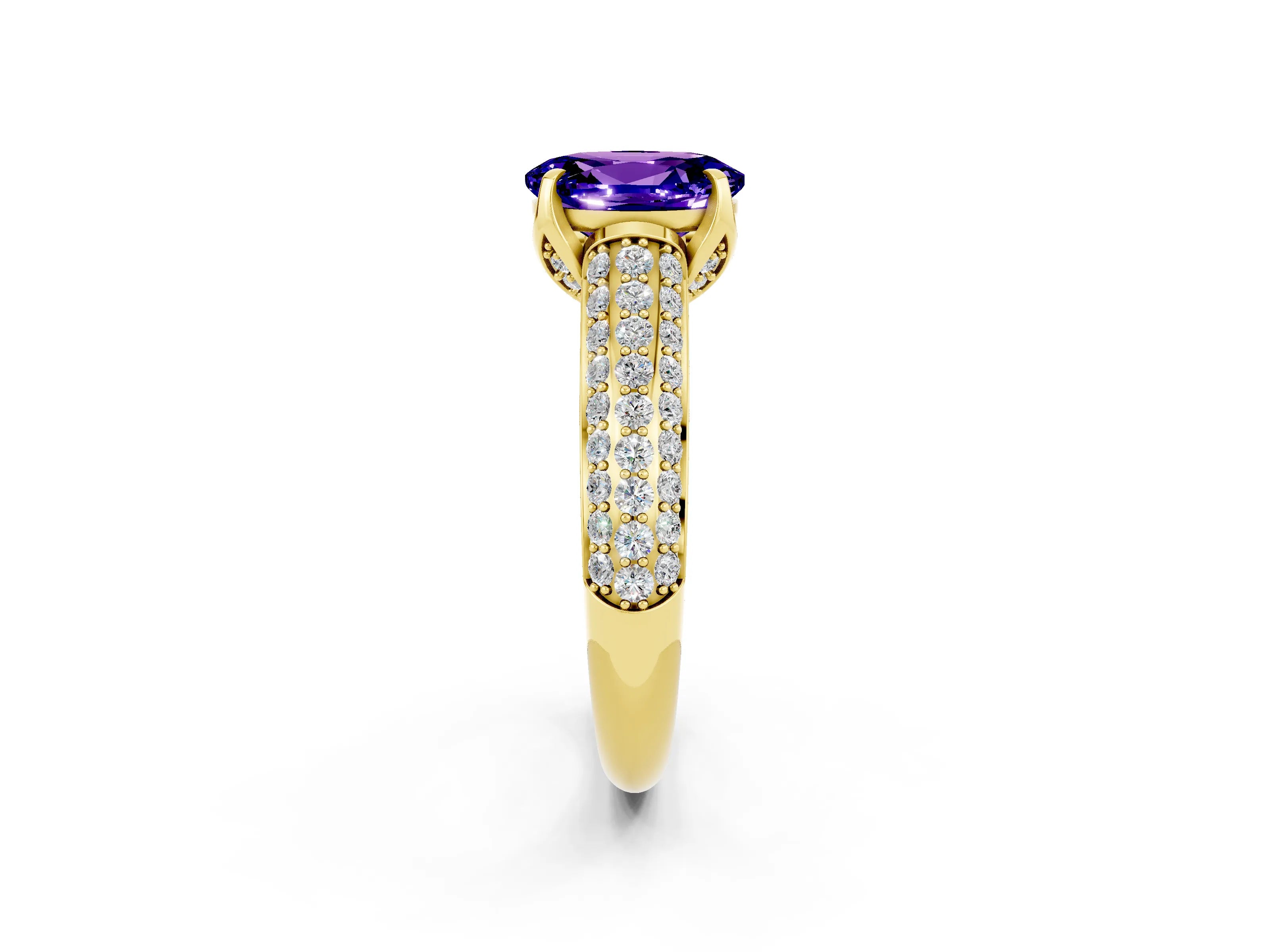 Yellow gold Oval Cut Tanzanite Solitaire Ring with Three-Row Pavé Band and Four-Prong Setting_14
