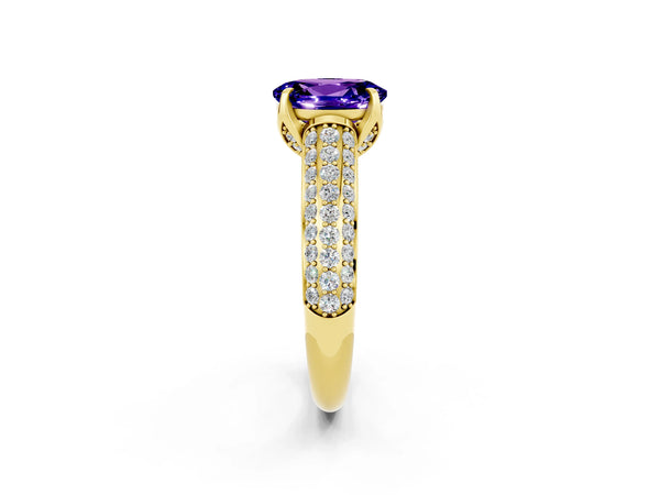 Yellow gold Oval Cut Tanzanite Solitaire Ring with Three-Row Pavé Band and Four-Prong Setting