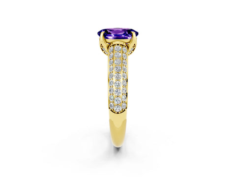Yellow gold Oval Cut Tanzanite Solitaire Ring with Three-Row Pavé Band and Four-Prong Setting_14
