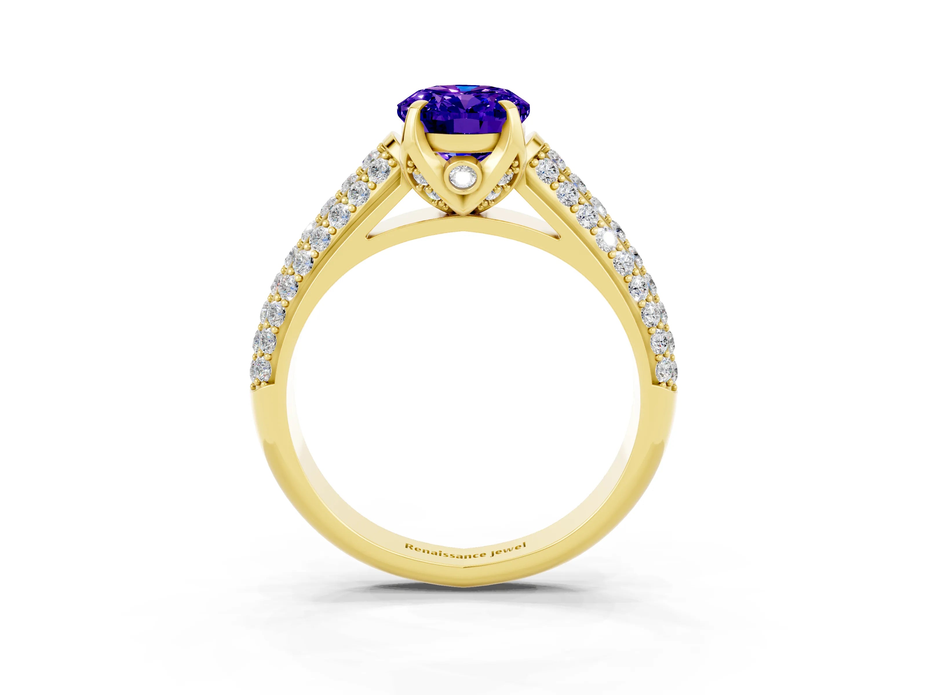 Yellow gold Oval Cut Tanzanite Solitaire Ring with Three-Row Pavé Band and Four-Prong Setting_15
