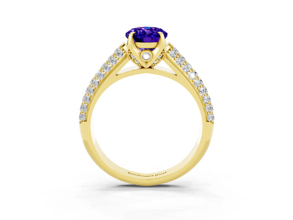 Yellow gold Oval Cut Tanzanite Solitaire Ring with Three-Row Pavé Band and Four-Prong Setting