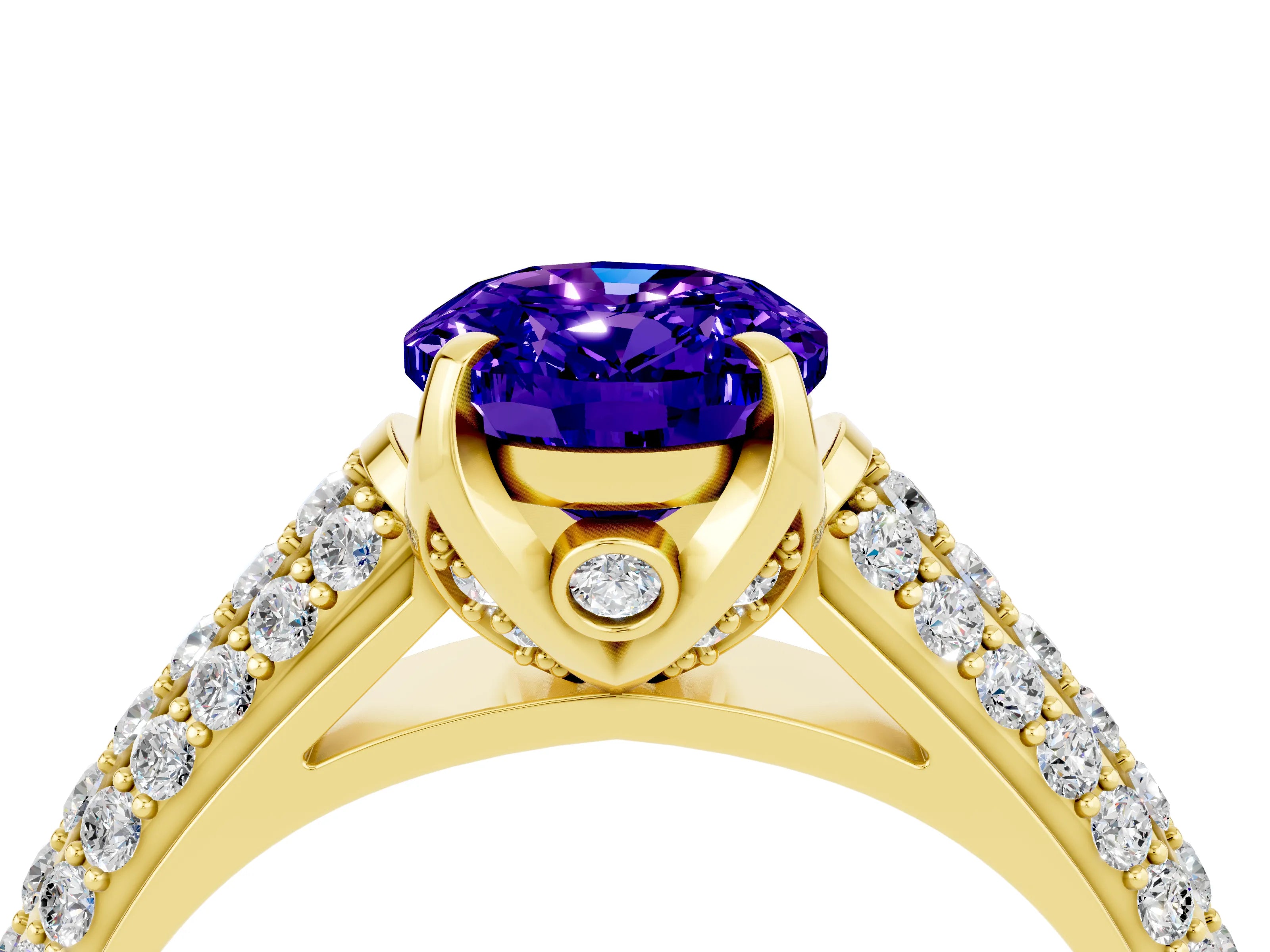 Yellow gold Oval Cut Tanzanite Solitaire Ring with Three-Row Pavé Band and Four-Prong Setting_16