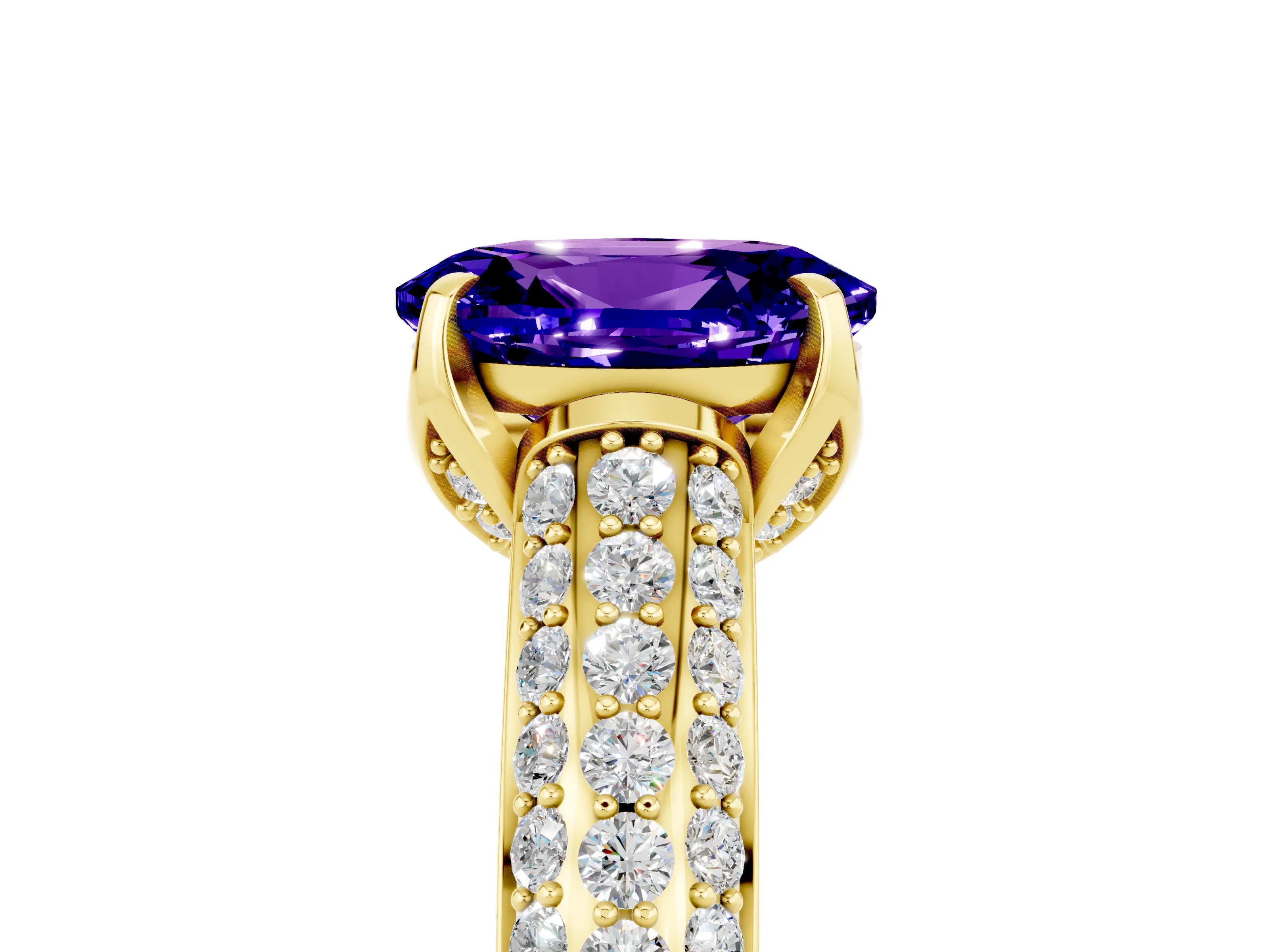 Yellow gold Oval Cut Tanzanite Solitaire Ring with Three-Row Pavé Band and Four-Prong Setting_17