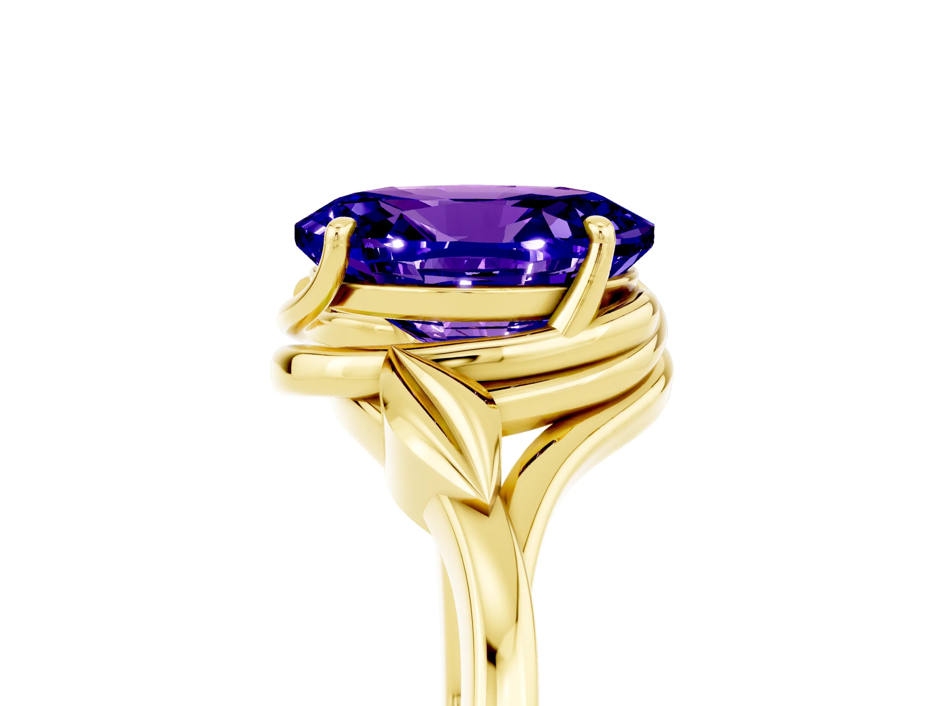 Yellow gold Oval Cut Tanzanite Solitaire Ring with Twist Band and Four-Prong Setting_29