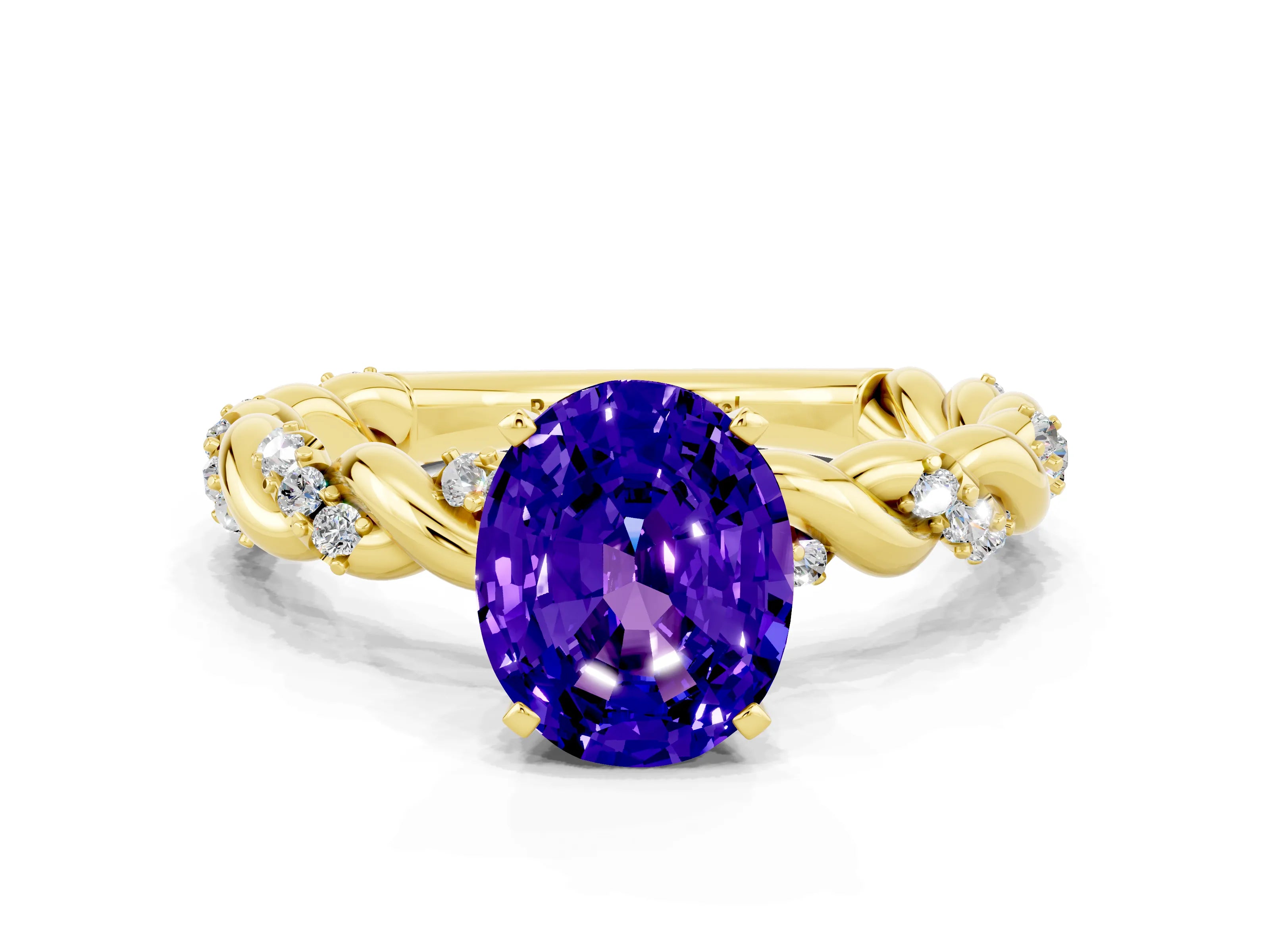 Yellow gold Oval Cut Tanzanite Solitaire Ring with Twisted Band and Pavé Accents