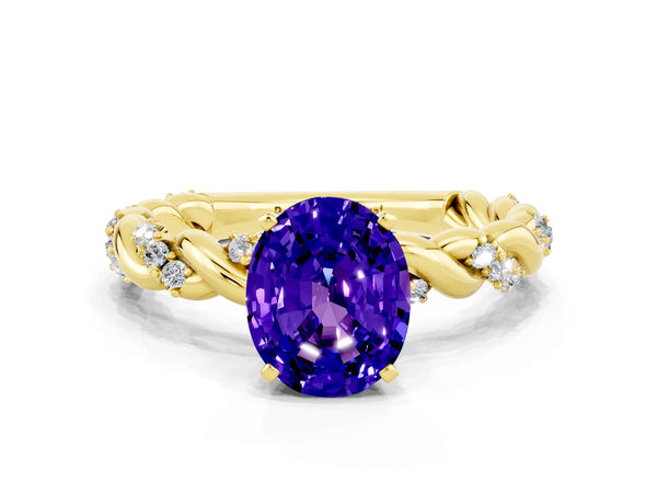 Yellow gold Oval Cut Tanzanite Solitaire Ring with Twisted Band and Pavé Accents