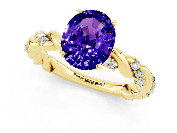 Yellow gold Oval Cut Tanzanite Solitaire Ring with Twisted Band and Pavé Accents