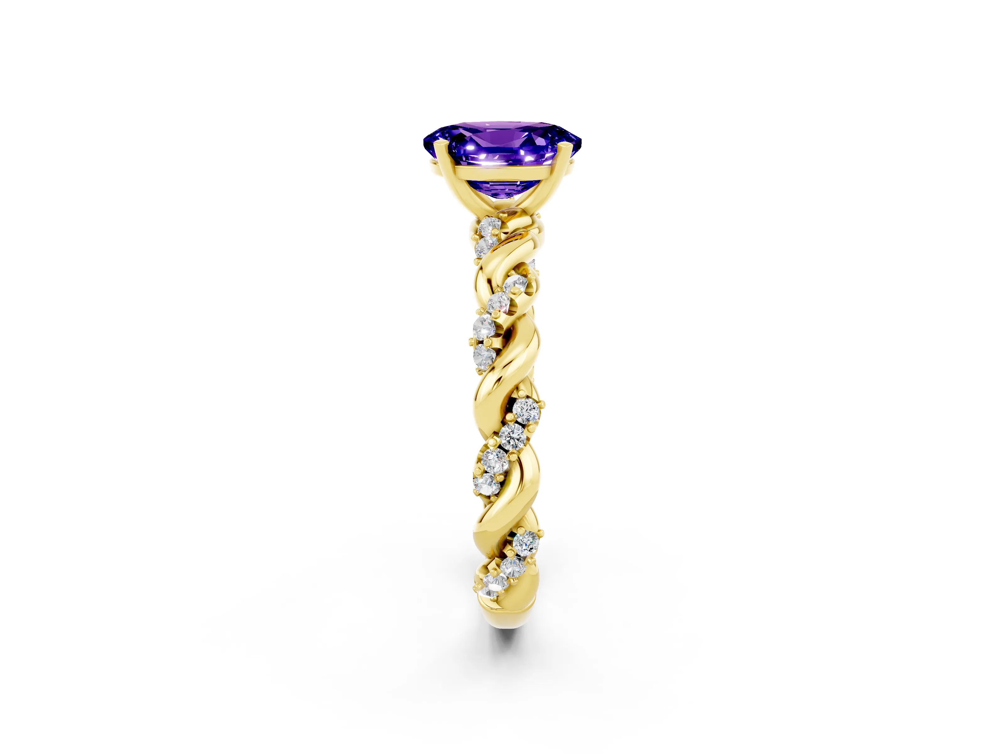 Yellow gold Oval Cut Tanzanite Solitaire Ring with Twisted Band and Pavé Accents_2