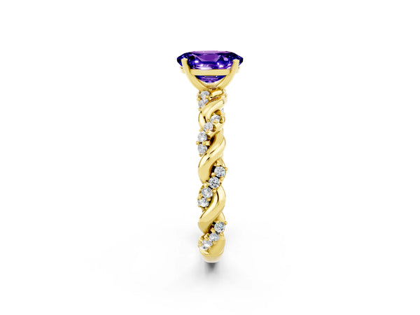 Yellow gold Oval Cut Tanzanite Solitaire Ring with Twisted Band and Pavé Accents
