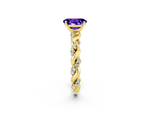 Yellow gold Oval Cut Tanzanite Solitaire Ring with Twisted Band and Pavé Accents_2