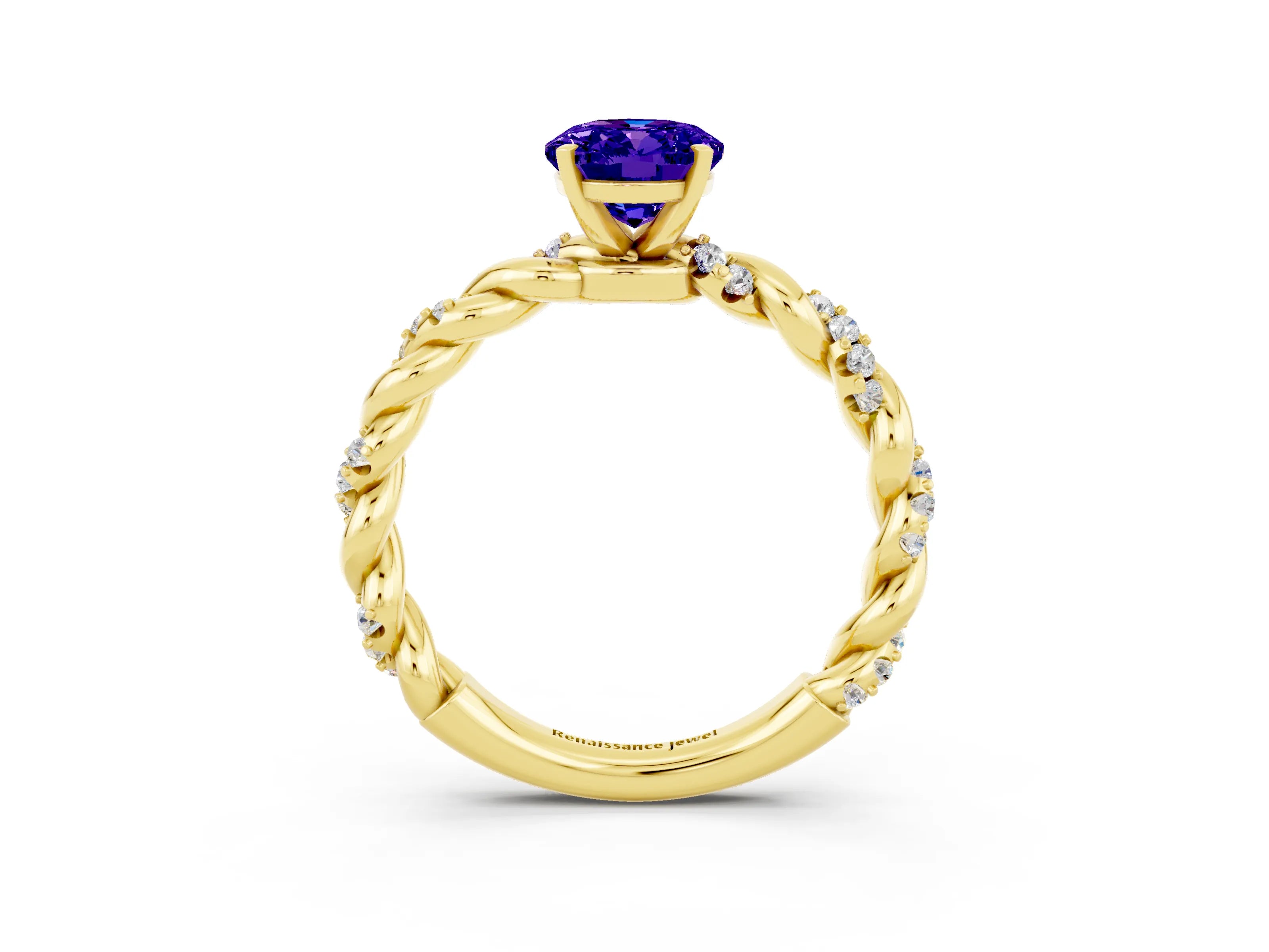 Yellow gold Oval Cut Tanzanite Solitaire Ring with Twisted Band and Pavé Accents_3
