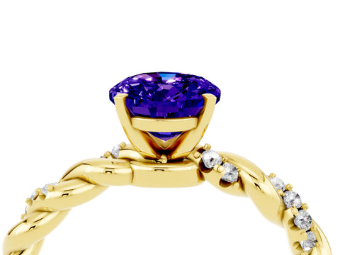 Yellow gold Oval Cut Tanzanite Solitaire Ring with Twisted Band and Pavé Accents_4