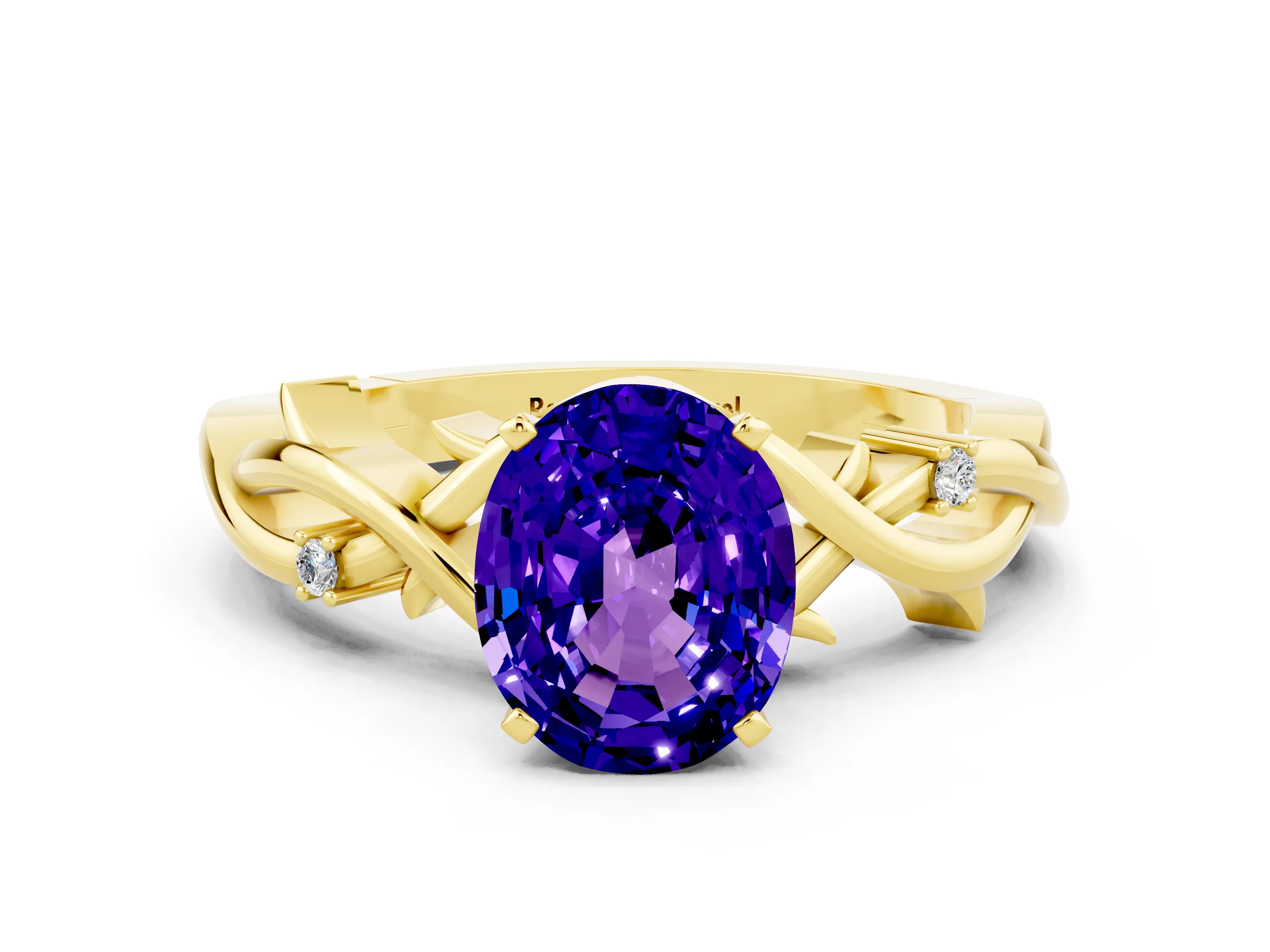 Yellow gold Oval Cut Tanzanite Solitaire Ring with Twisted Band and Prong Setting