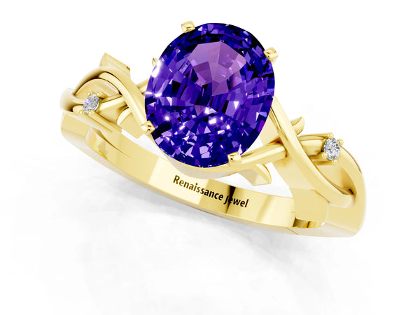 Yellow gold Oval Cut Tanzanite Solitaire Ring with Twisted Band and Prong Setting