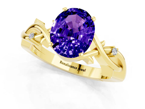 Yellow gold Oval Cut Tanzanite Solitaire Ring with Twisted Band and Prong Setting_1
